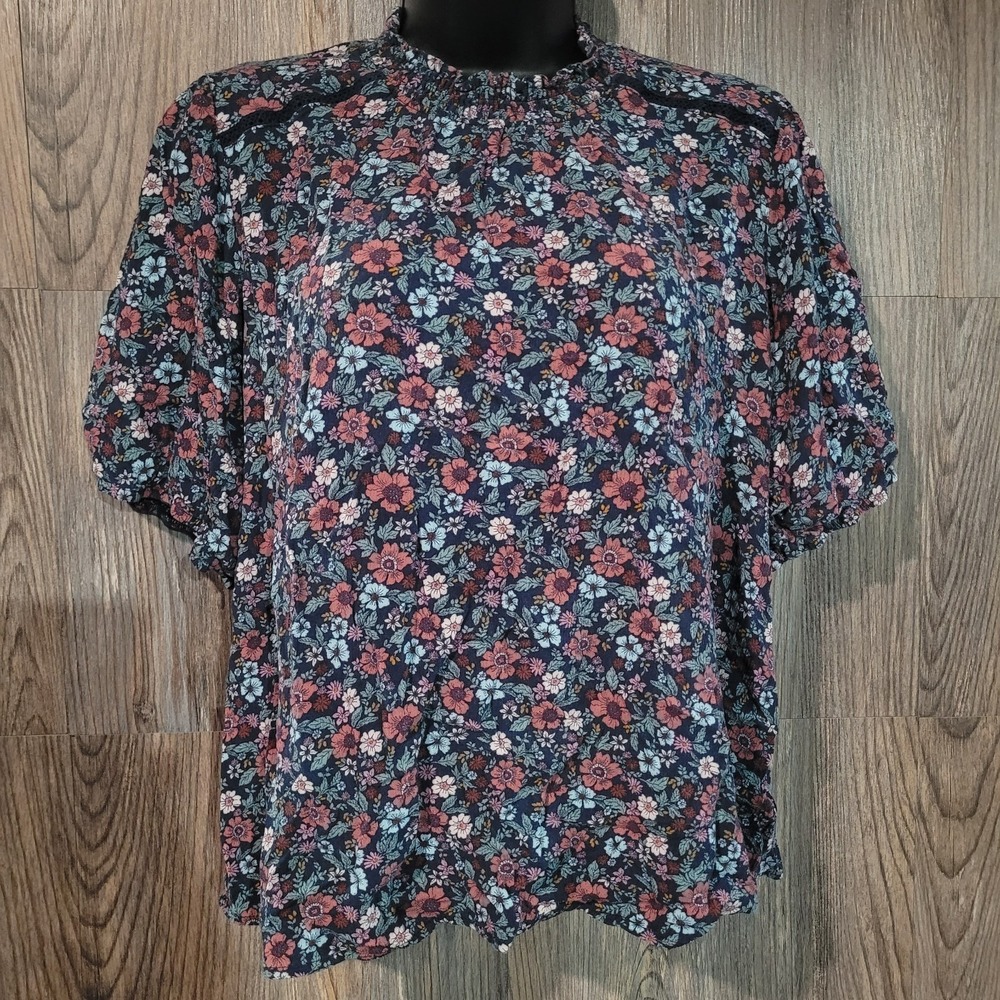 Knox Rose Dark Floral Blouse Sz L Ruffle Mock Neck Puff Sleeve Boho Cottagecore